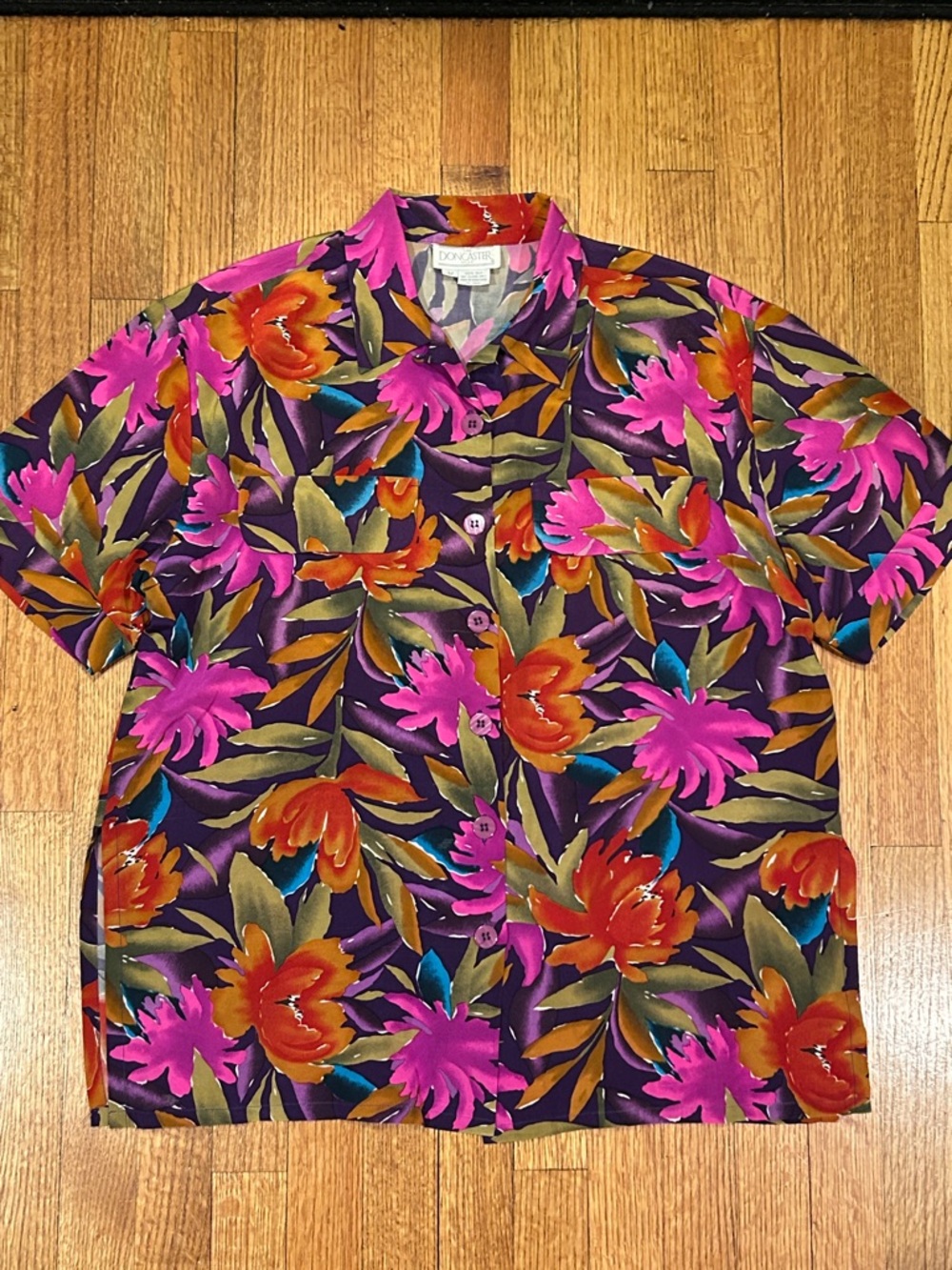 Doncaster Floral Silk Camp Shirt - Purple, Pink & Orange Size Medium